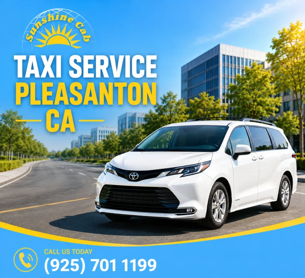 Sunshine Cab taxi service in Pleasanton CA with white Toyota minivan for airport transportation and local rides