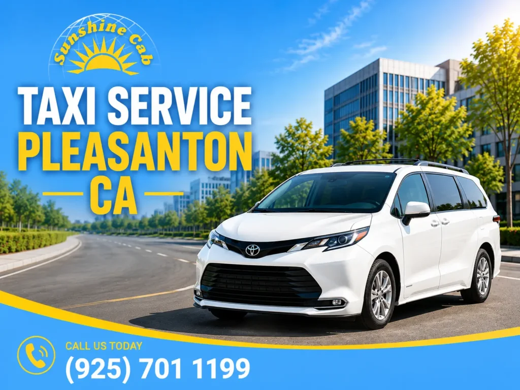 Book Sunshine Cab taxi in Pleasanton California featuring modern white minivan and professional transportation service