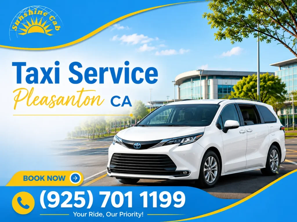 Reliable taxi service in Pleasanton CA by Sunshine Cab with clean white minivan for airport and city travel