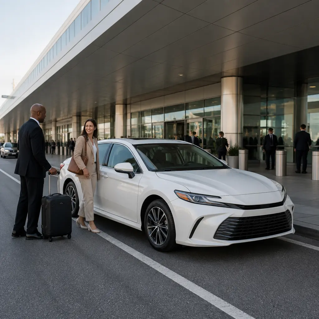Driver helping a traveler with luggage beside a taxi
