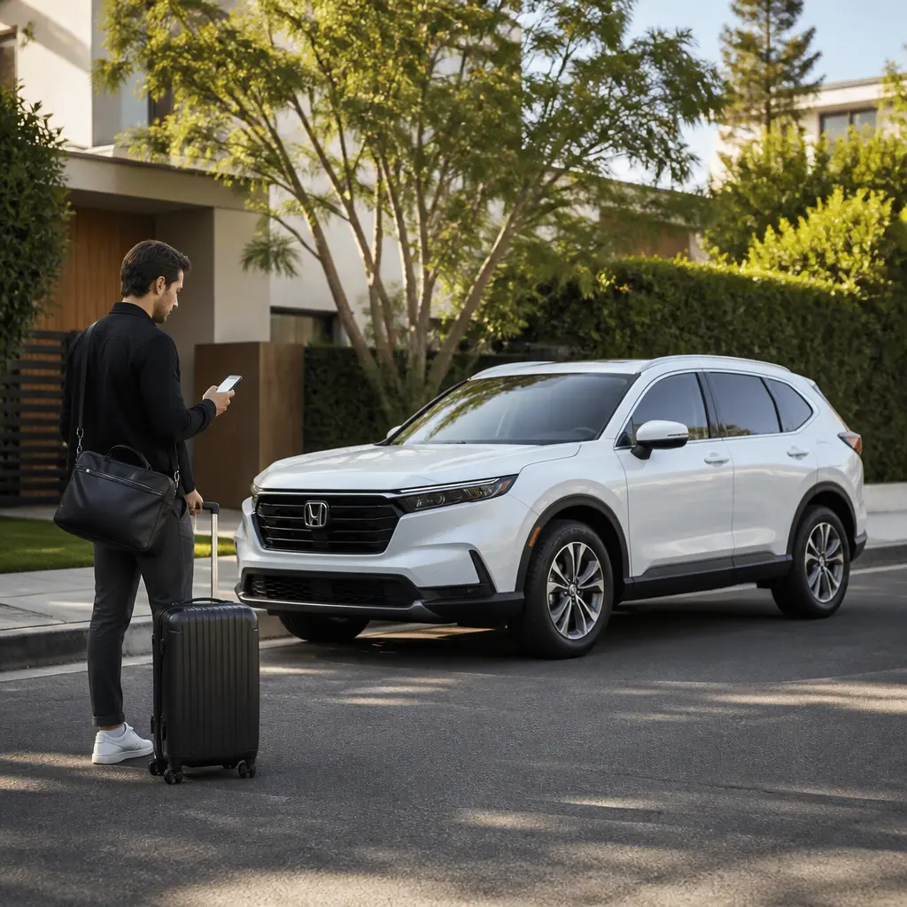 Passenger preparing for airport transportation with luggage and a taxi