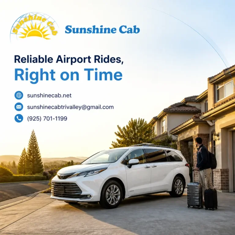 Branded visual about the best ways to get from Pleasanton to SFO Airport, highlighting taxi, rideshare, BART, and driving options.