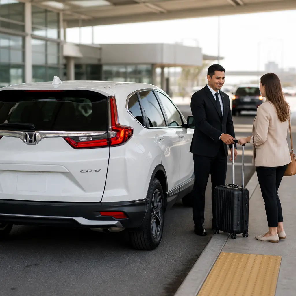 Airport taxi service with driver and traveler