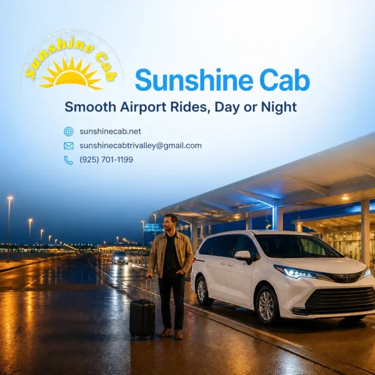 A realistic white taxi vehicle near an airport at night, illustrating airport taxi tips for late-night arrivals.