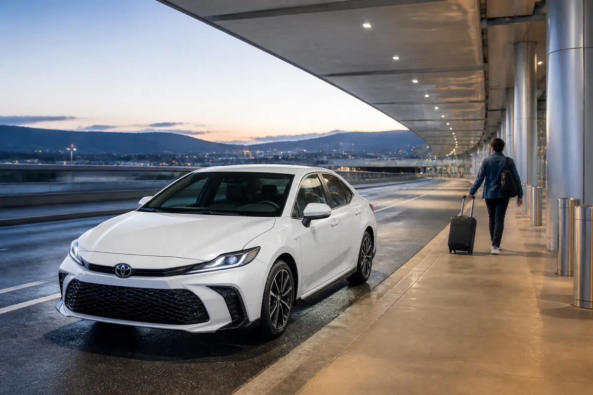 Traveler checking flight details and packed luggage before sunrise