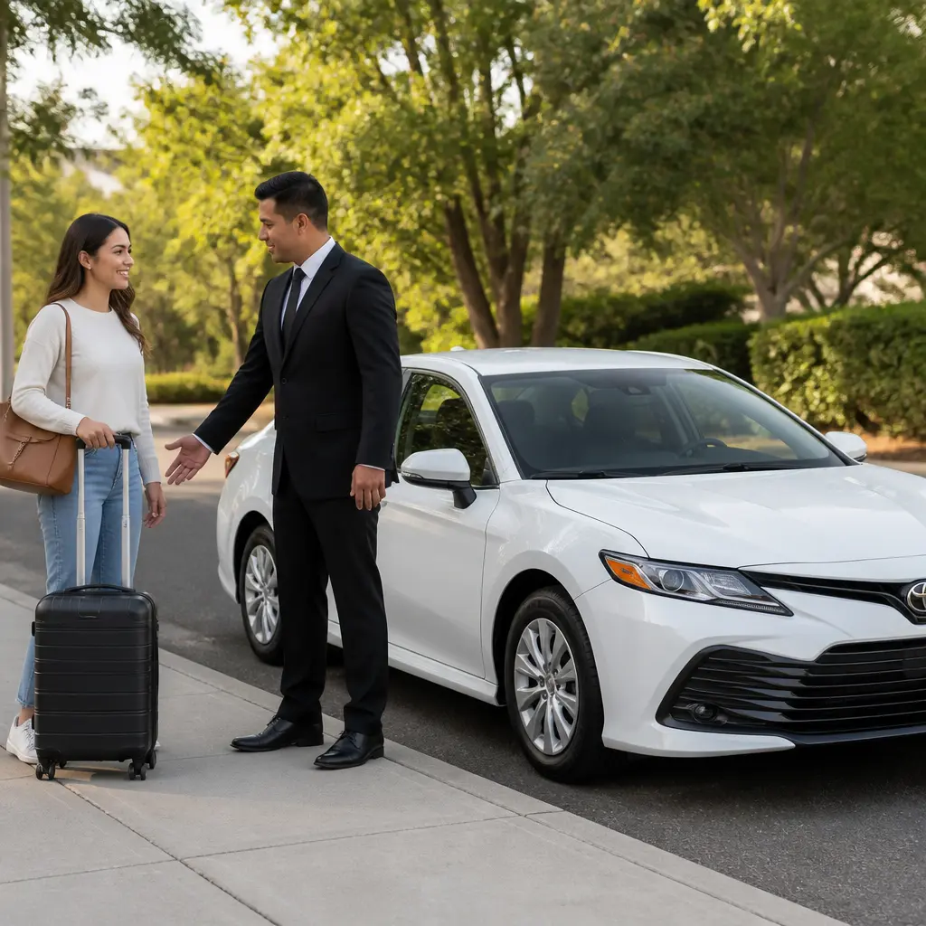 Driver assisting a passenger with luggage beside a taxi