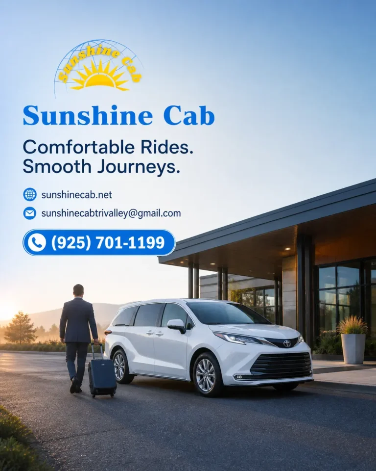 A white airport taxi or shuttle near a Livermore hotel, ready for a trip to a Bay Area airport