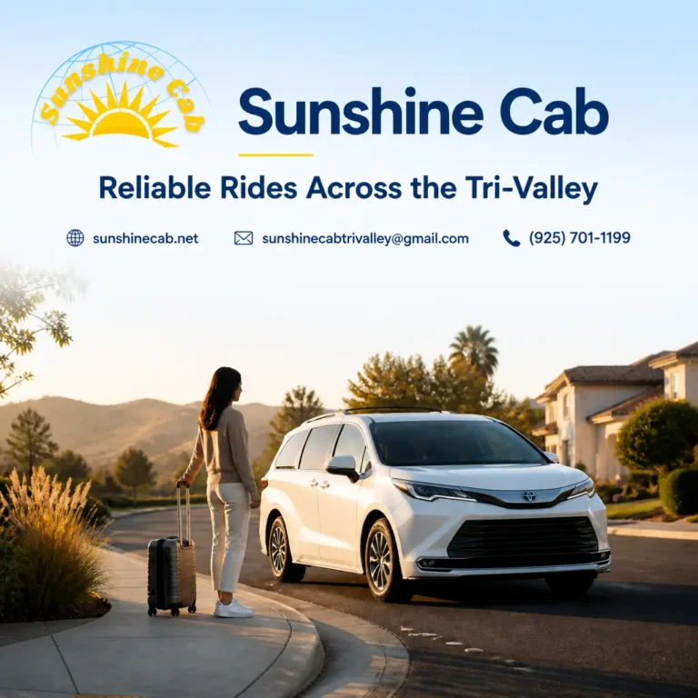 Branded visual about choosing a reliable taxi service in the Tri-Valley area, featuring a white 2026 Toyota Sienna.