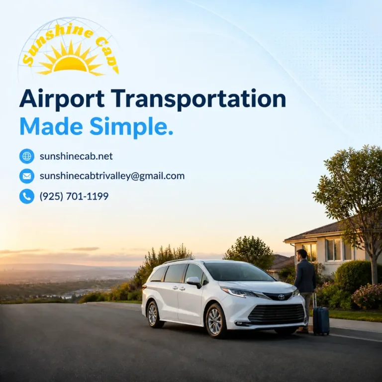 A branded visual for a Livermore to Oakland Airport taxi guide, highlighting airport pickup planning and travel timing.