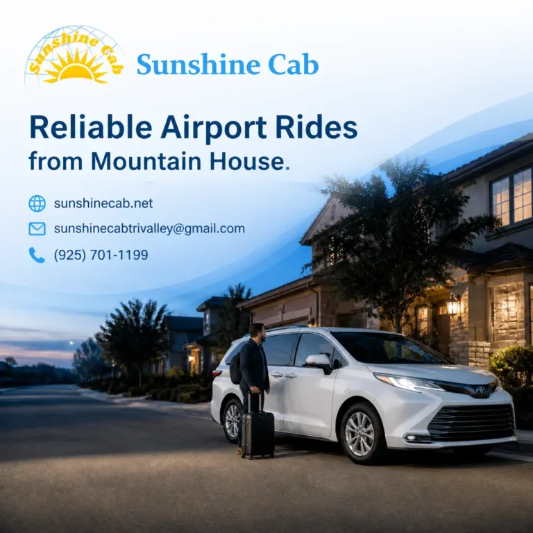 A premium taxi transportation visual for the Mountain House to Oakland Airport transportation guide with a white 2026 Toyota Sienna.
