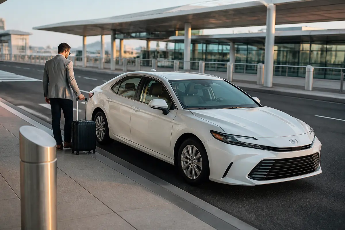 Airport taxi waiting for passengers outside an Oakland terminal