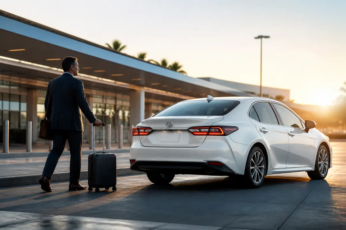 Airport taxi drop-off area with travelers and rolling suitcases
