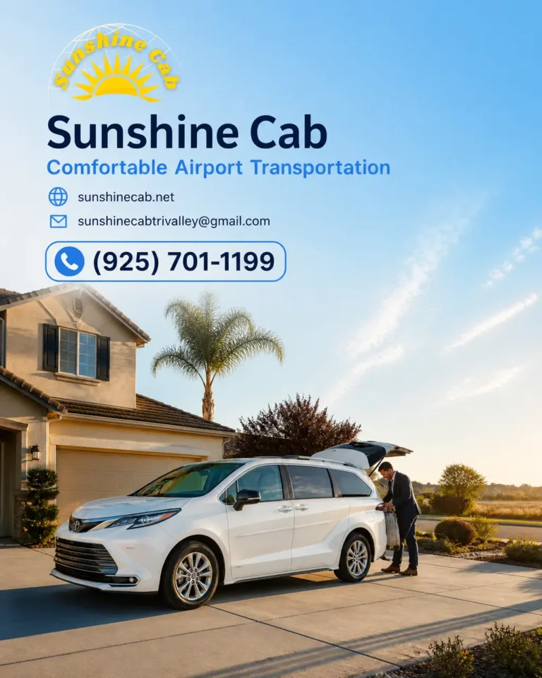 A white taxi sedan on a roadway, representing travel from Tracy to San Jose Mineta International Airport