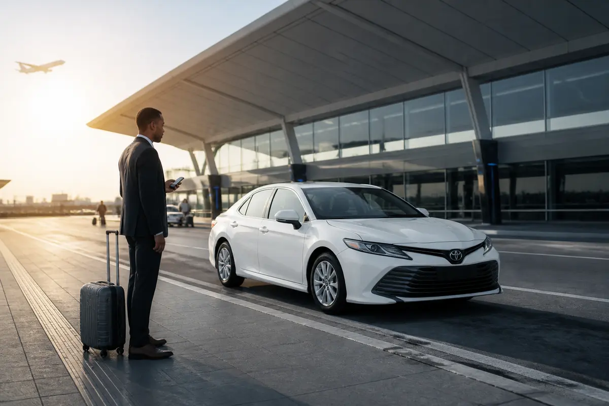 Airport terminal pickup area with taxi lane and travelers