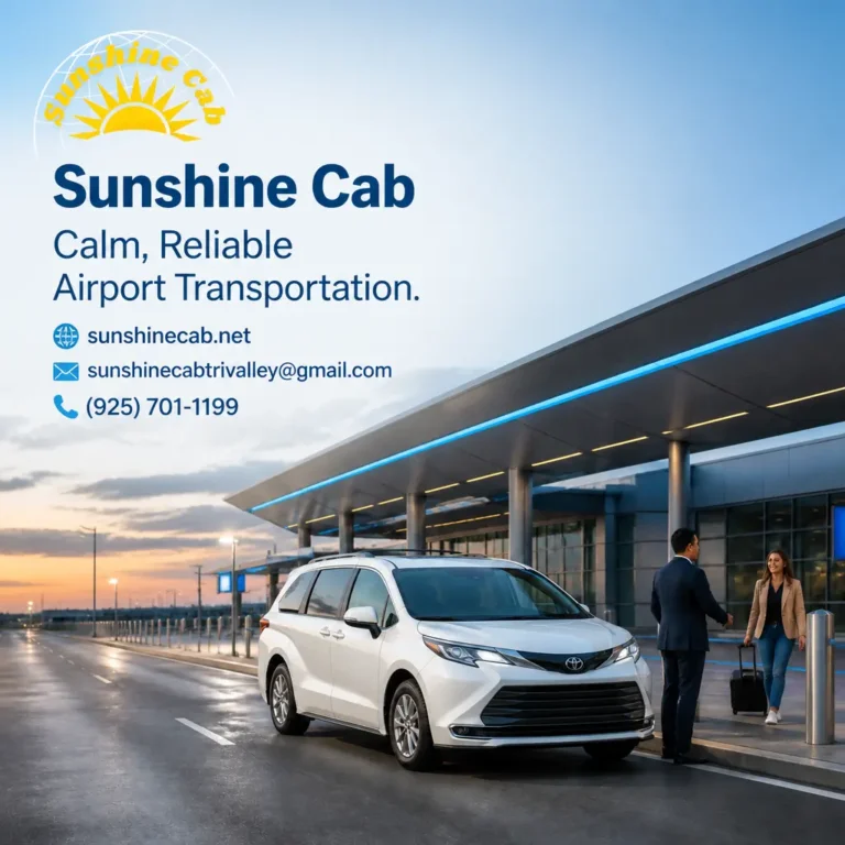 Branded visual about flight tracking for airport transportation, showing a realistic white airport shuttle and flight timing concept.