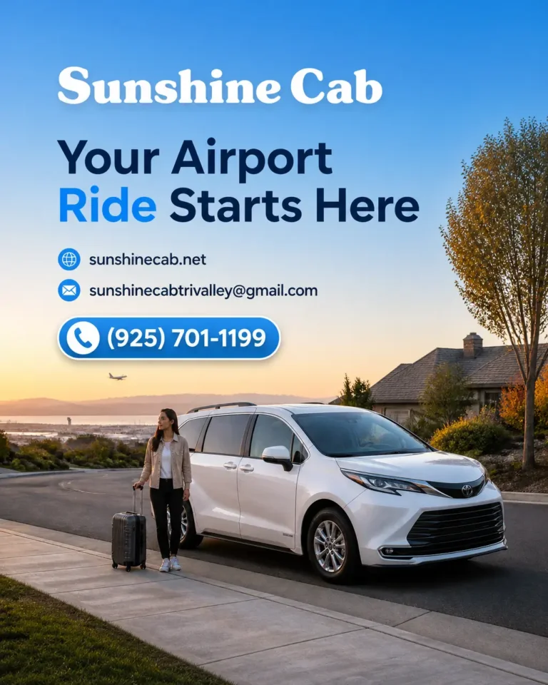A white taxi-style sedan ready for an airport transfer, illustrating transportation from Alamo to Oakland Airport.