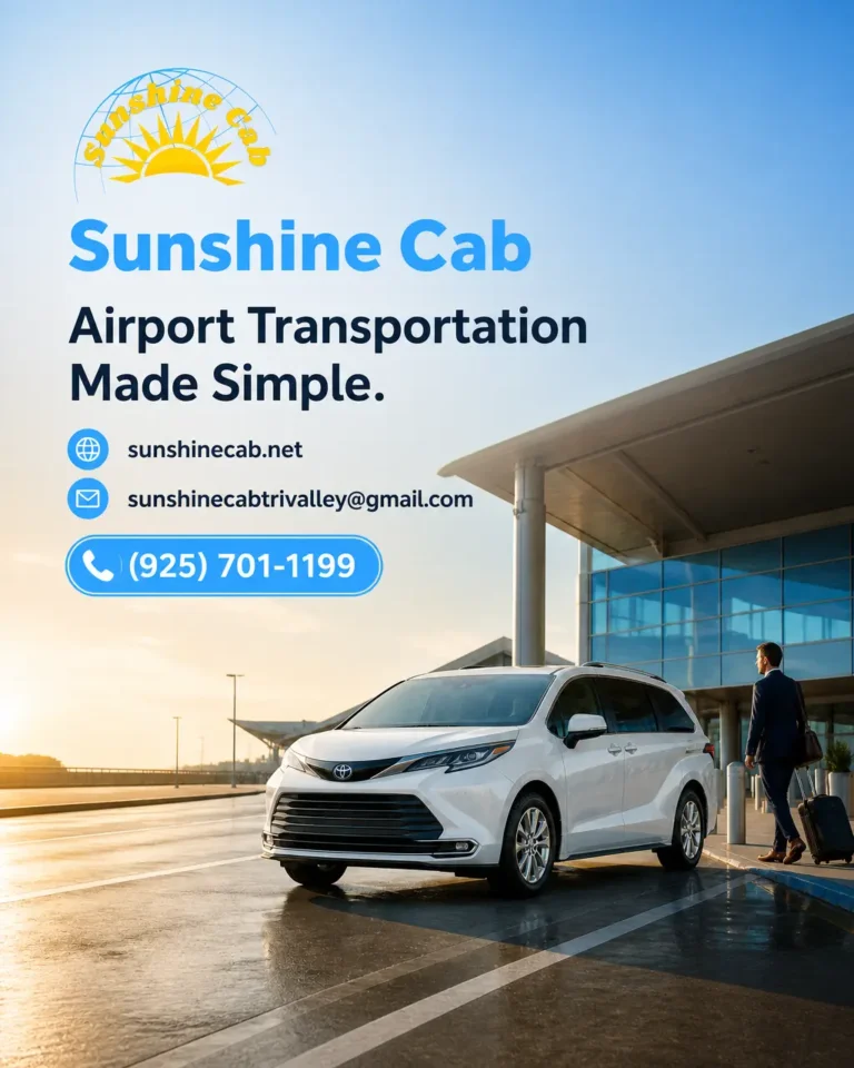 A white taxi or airport transportation vehicle suited for travel from Pleasanton to Oakland Airport