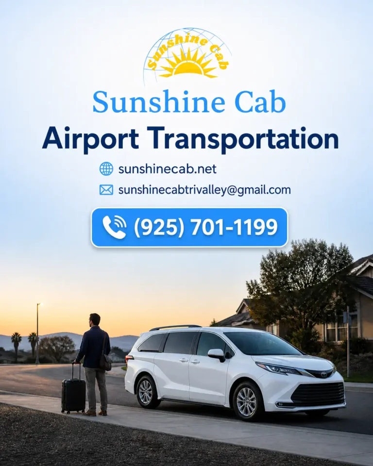 A realistic white taxi-style sedan near an airport route, representing travel from Tracy to Oakland International Airport.