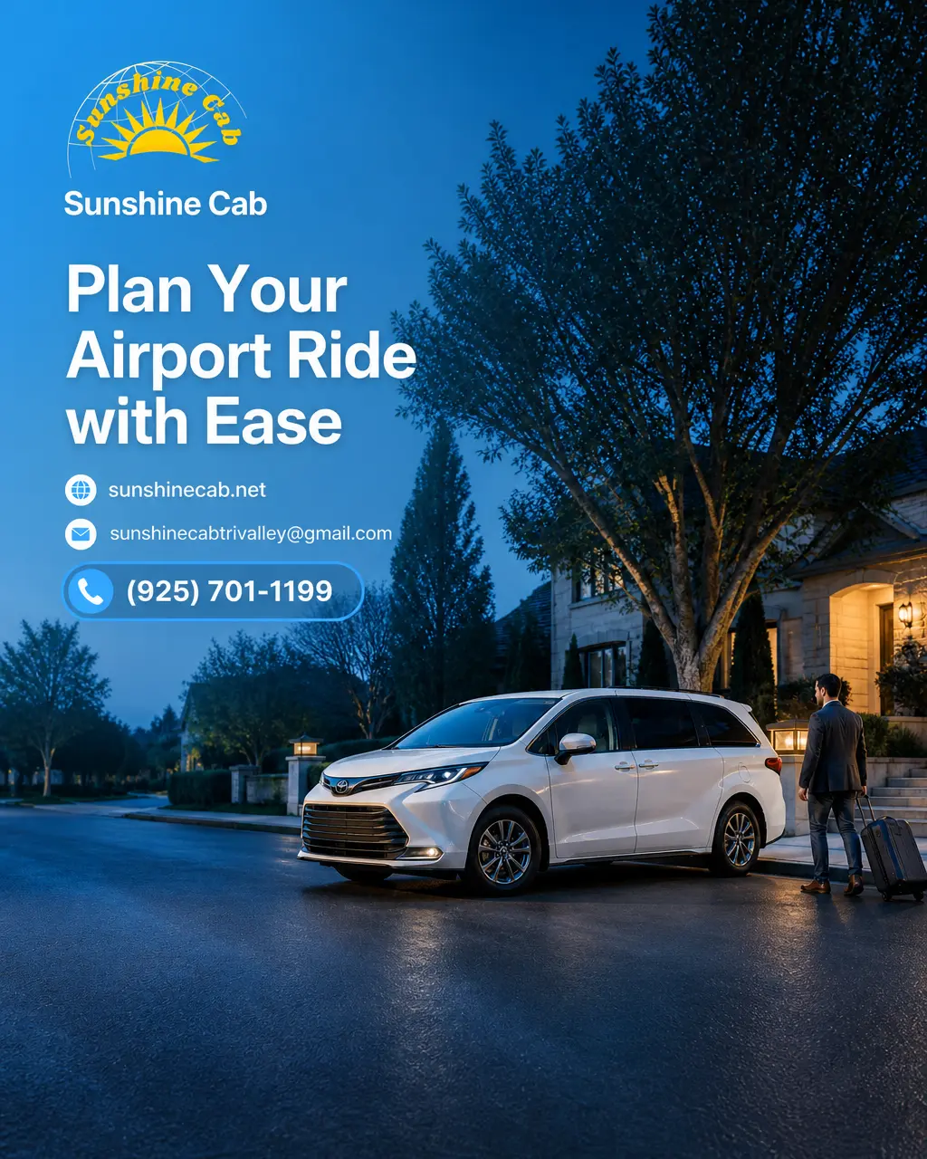 A white taxi-style minivan on a road, representing airport transportation from Livermore.