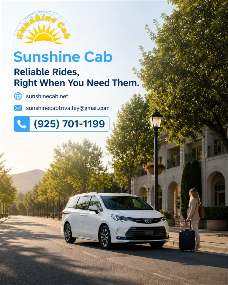 A white taxi sedan on a city street representing reliable transportation in Livermore, CA.