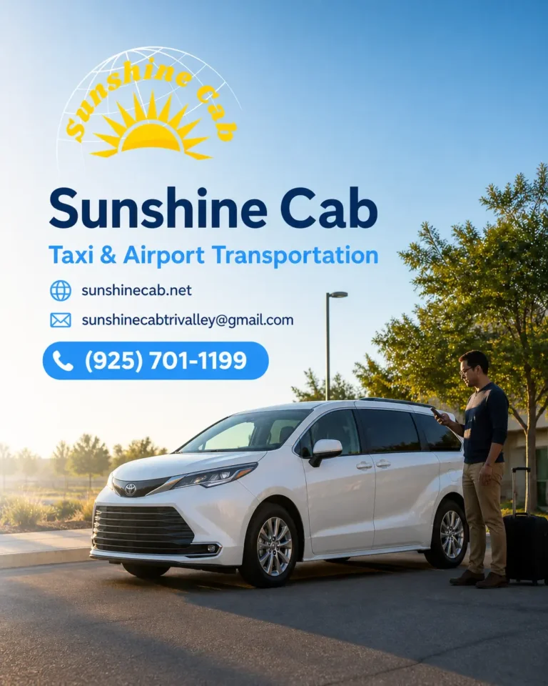 A white taxi or ride service vehicle on a city street in Tracy, California