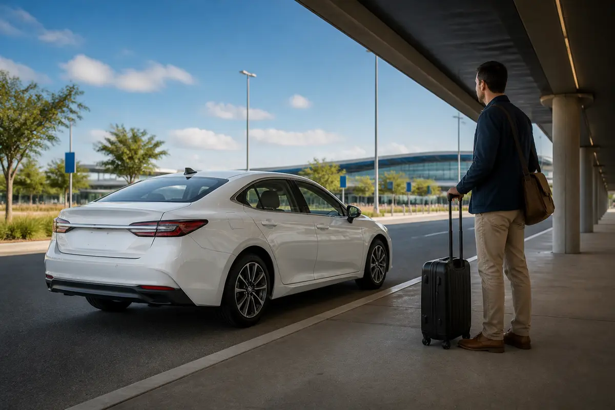 Airport traveler reviewing terminal and pickup information before leaving Mountain House