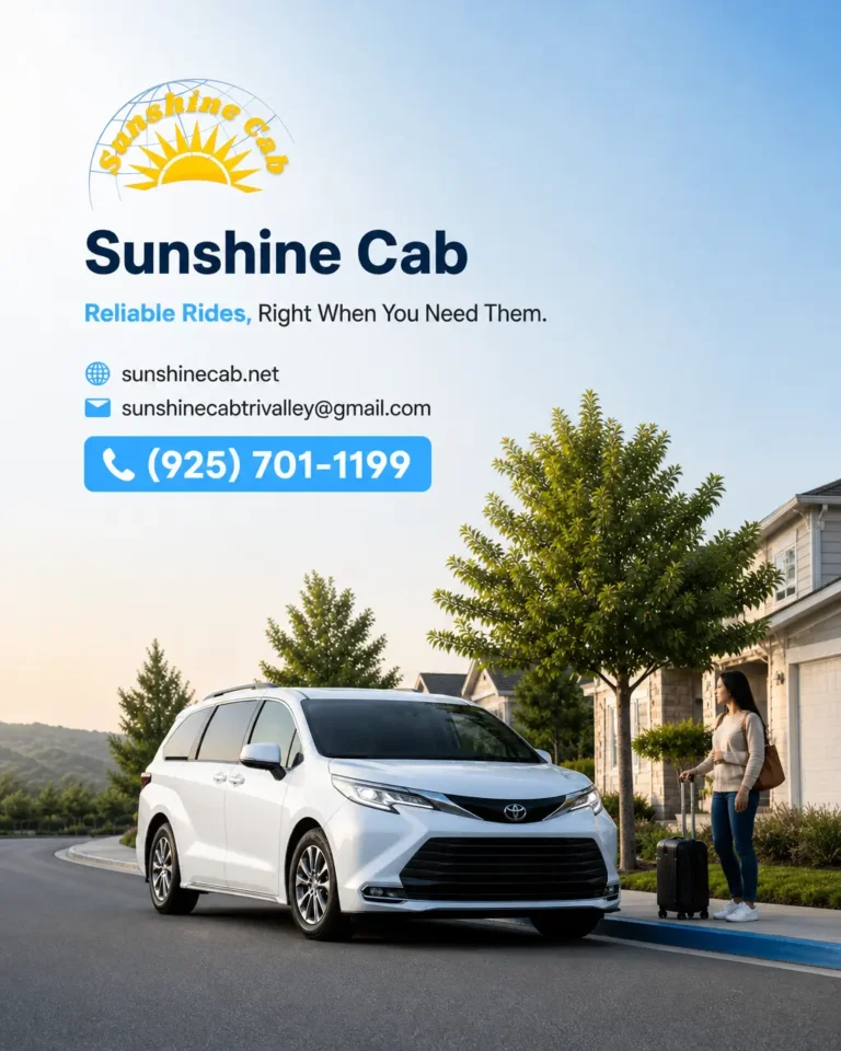 A white taxi sedan on a suburban street, representing reliable taxi transportation in Mountain House CA.