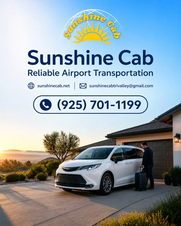 A realistic white taxi-style sedan near an airport setting, representing travel from Livermore to Oakland Airport.
