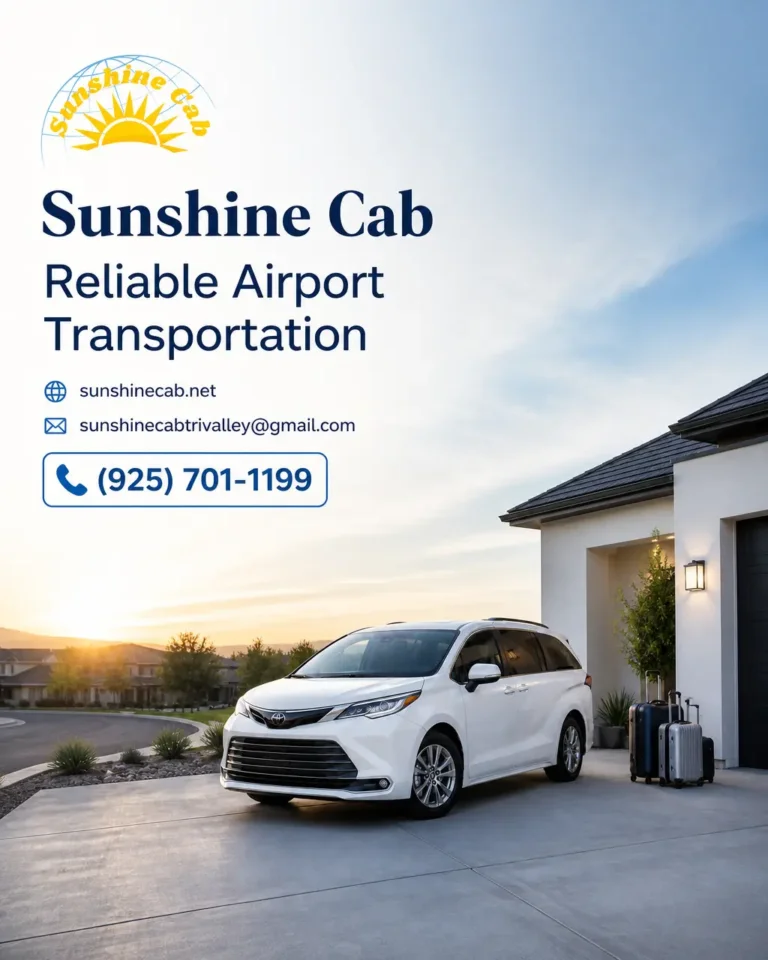 A white airport taxi or SUV ready for a ride from Mountain House to San Francisco International Airport