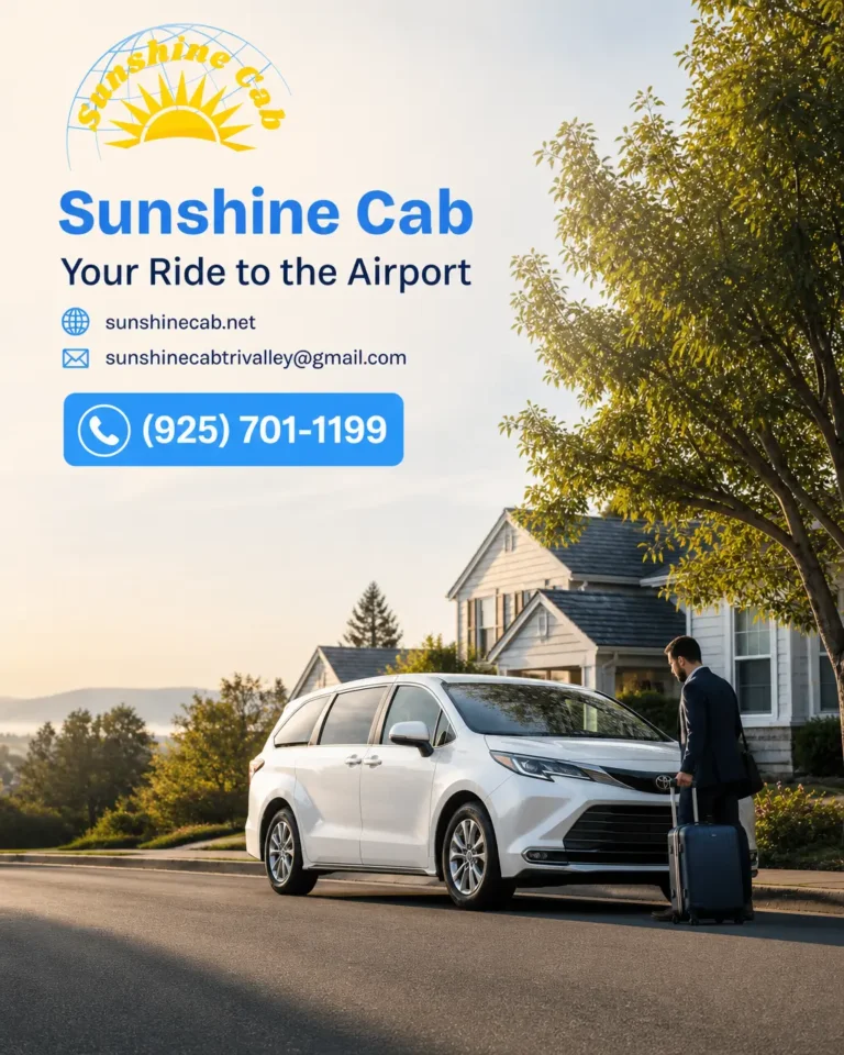 A realistic white taxi or airport shuttle prepared for a Pleasanton to SFO airport transfer