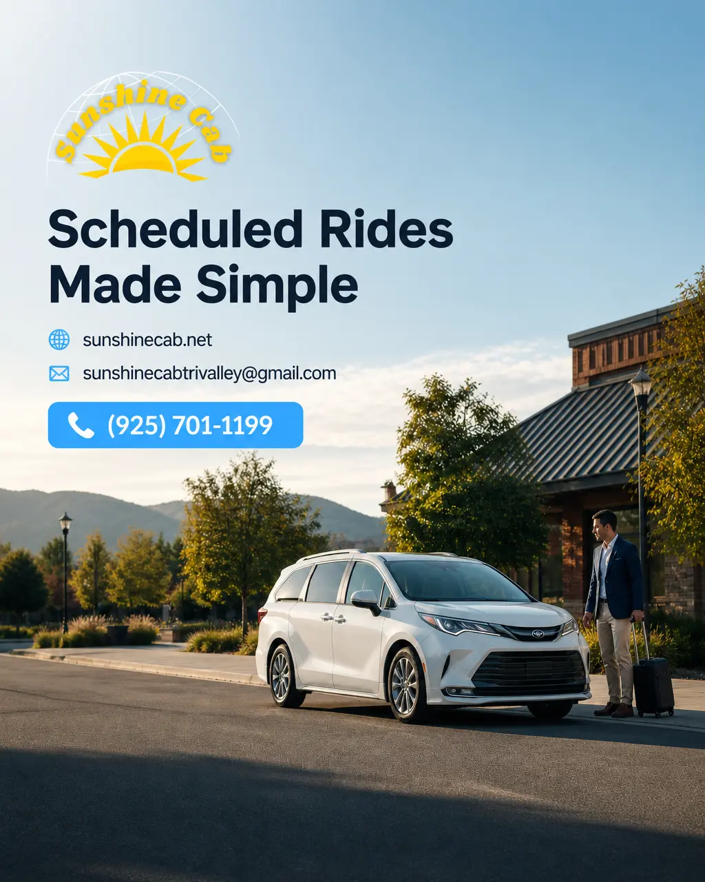 White sedan taxi parked on a street, representing professional transportation service in Livermore