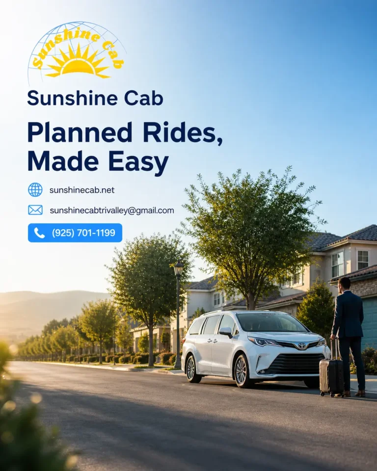 A white taxi-style sedan ready for a professional ride service in a suburban setting