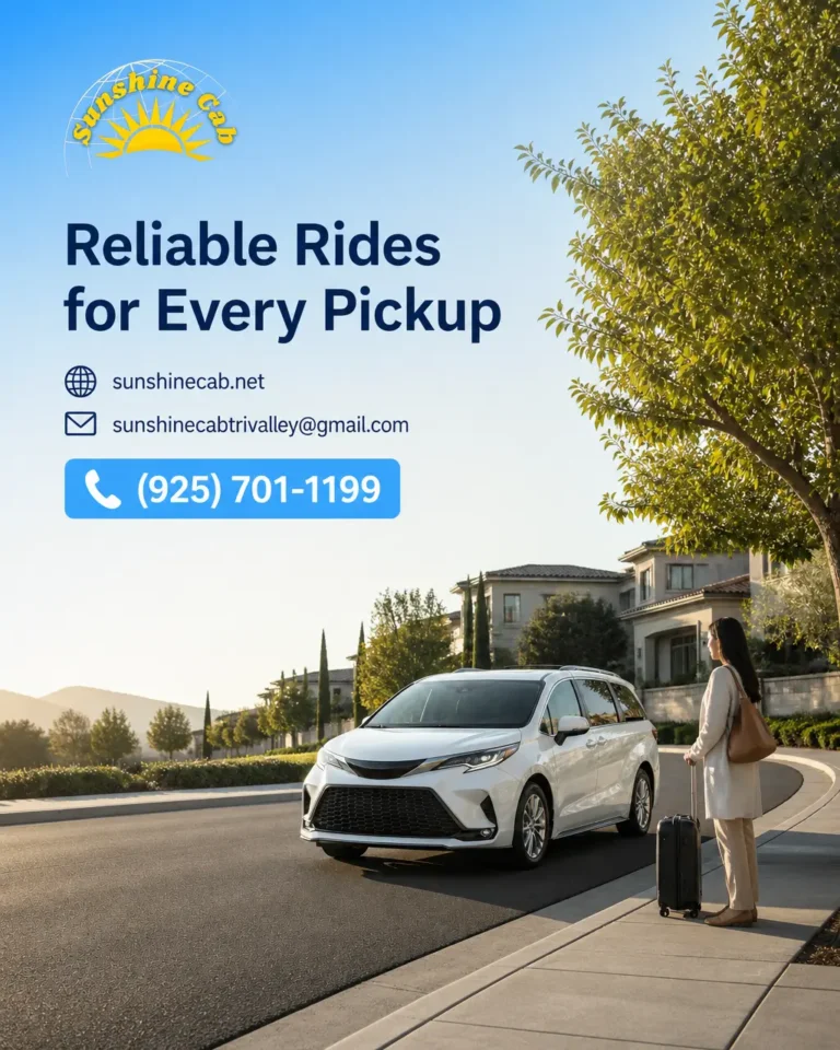 White taxi sedan on a Pleasanton street, representing a professional taxi service for scheduled rides and airport travel.