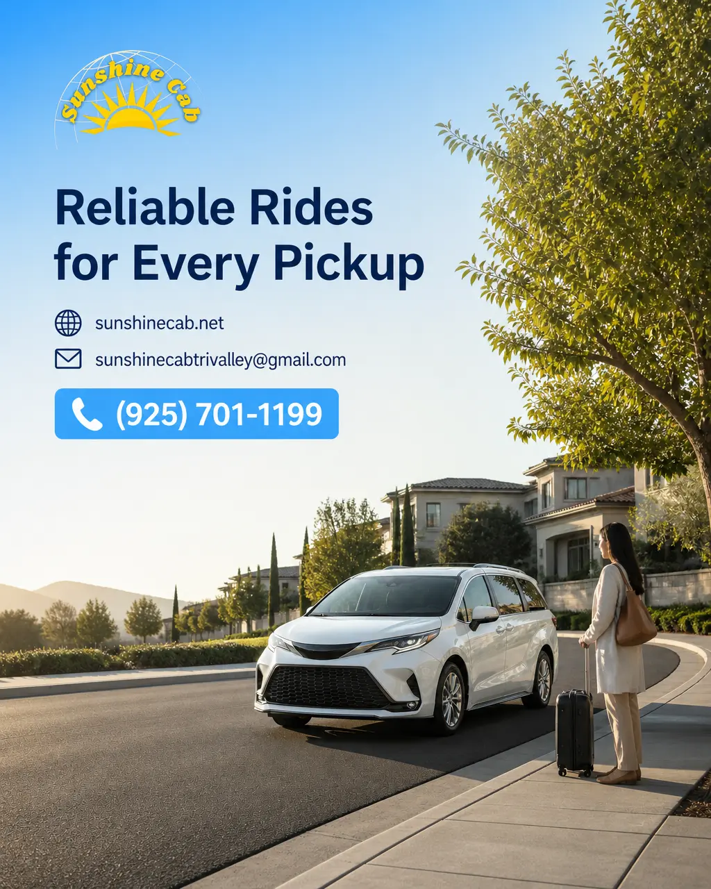 White taxi sedan on a Pleasanton street, representing a professional taxi service for scheduled rides and airport travel.