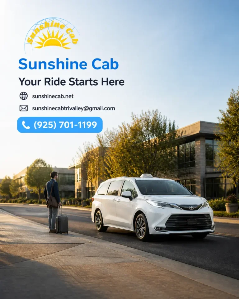 White sedan taxi parked on a clean street, representing professional taxi service in Tracy