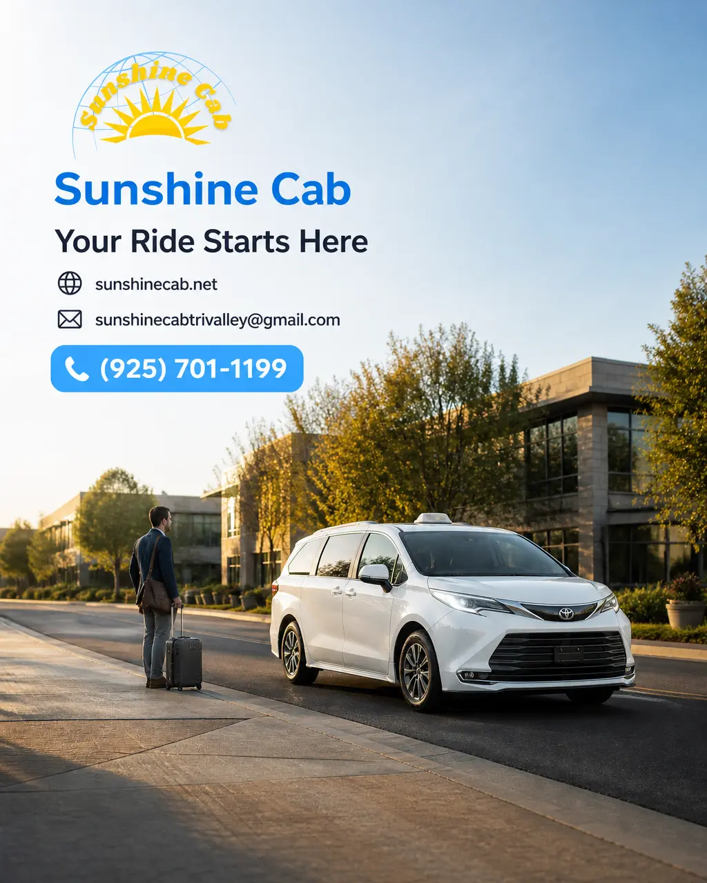 White sedan taxi parked on a clean street, representing professional taxi service in Tracy